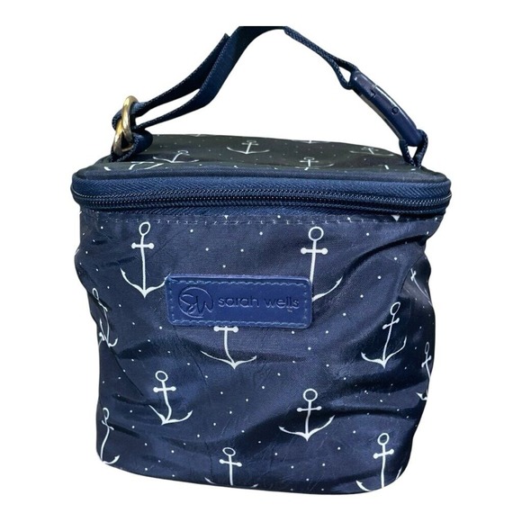 Sarah Wells Insulated Lunch Box Nautical Anchor Print Gold‎ Zipper Handle Blue - Picture 1 of 15